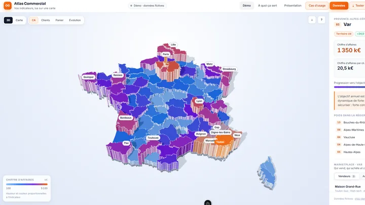 Atlas Commercial : carte de France en 3D, chiffre d'affaires par département